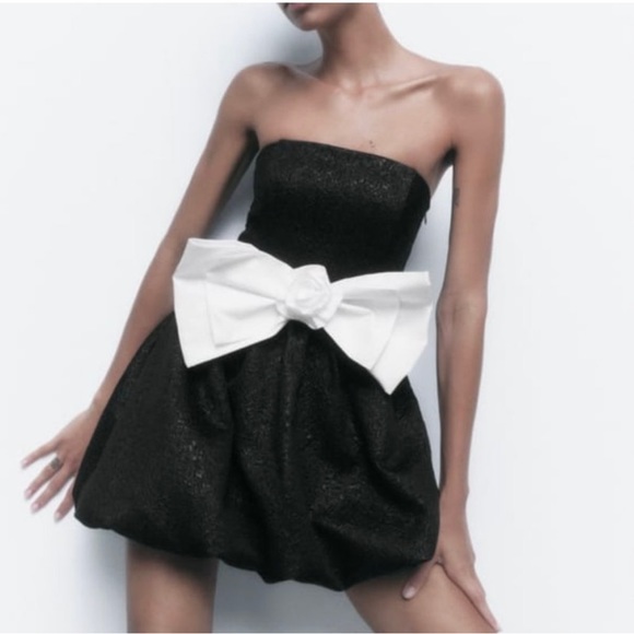 Zara Black Jacquard Dress With Contrast Bow Party Cocktail Night Out Mini - Picture 2 of 11